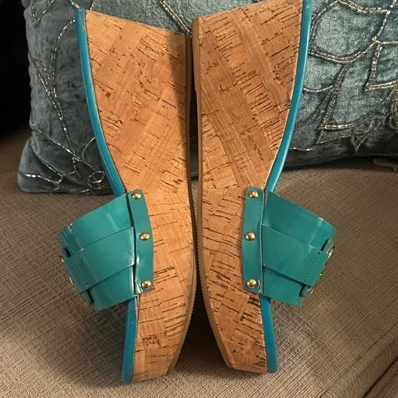 Coach Turquoise Wedge Sandals with Silver Logo - Picture 3 of 6